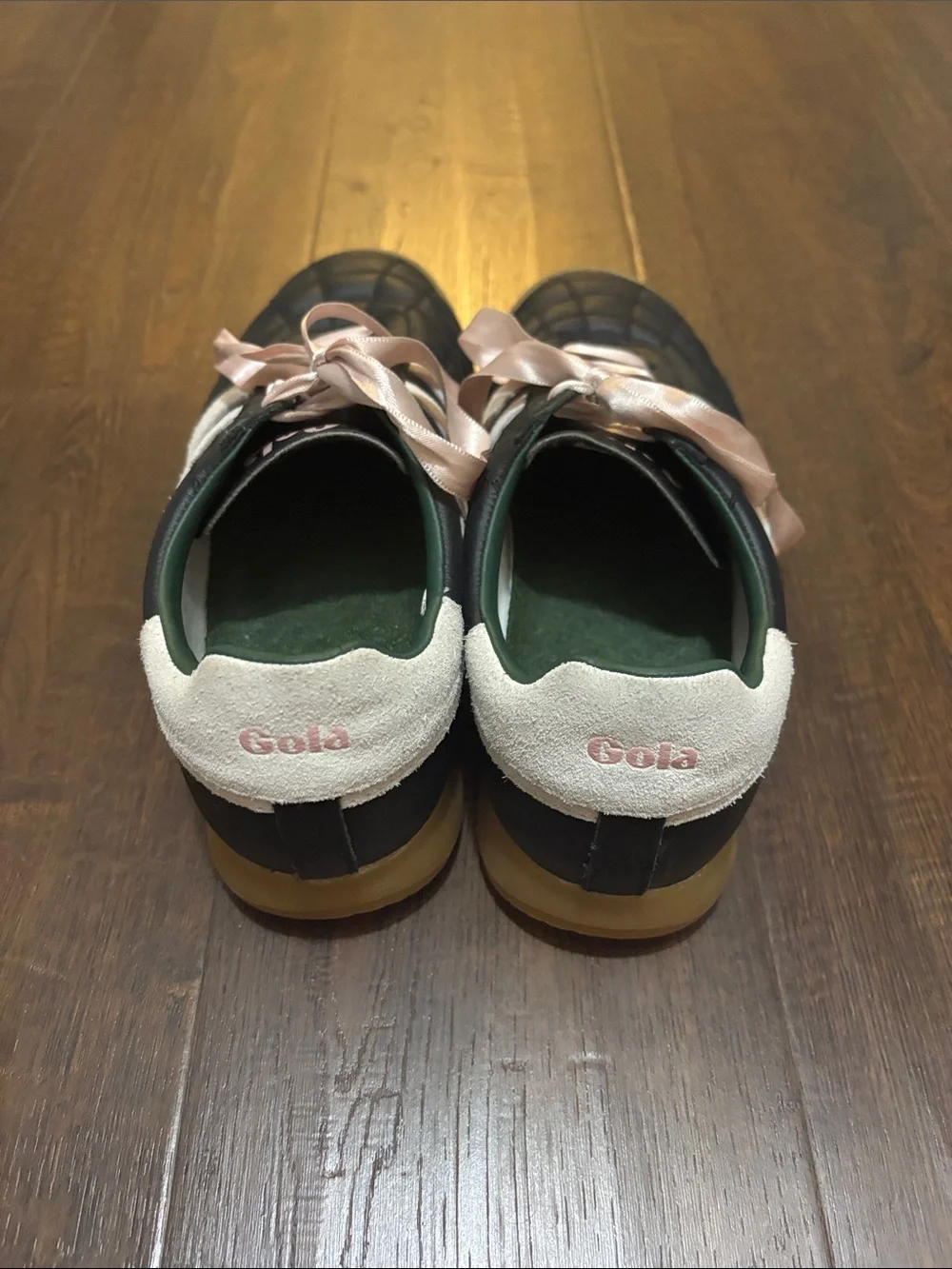 Gola x Anthropolgie Black Leather Sneakers with White Stripes &Pink Ribbon Laces